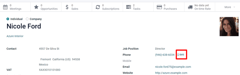 The SMS icon is located on an individual's contact form in ViableView Contacts.