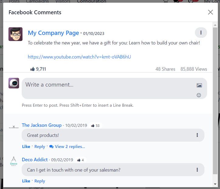 Sample of a social media post's pop-up window in ViableView Social Marketing application.