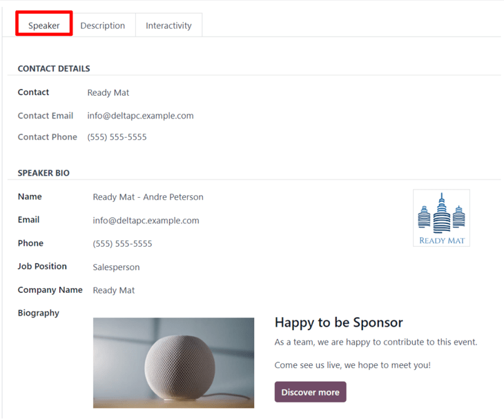 The Speaker tab on an event track form in the ViableView Events application.