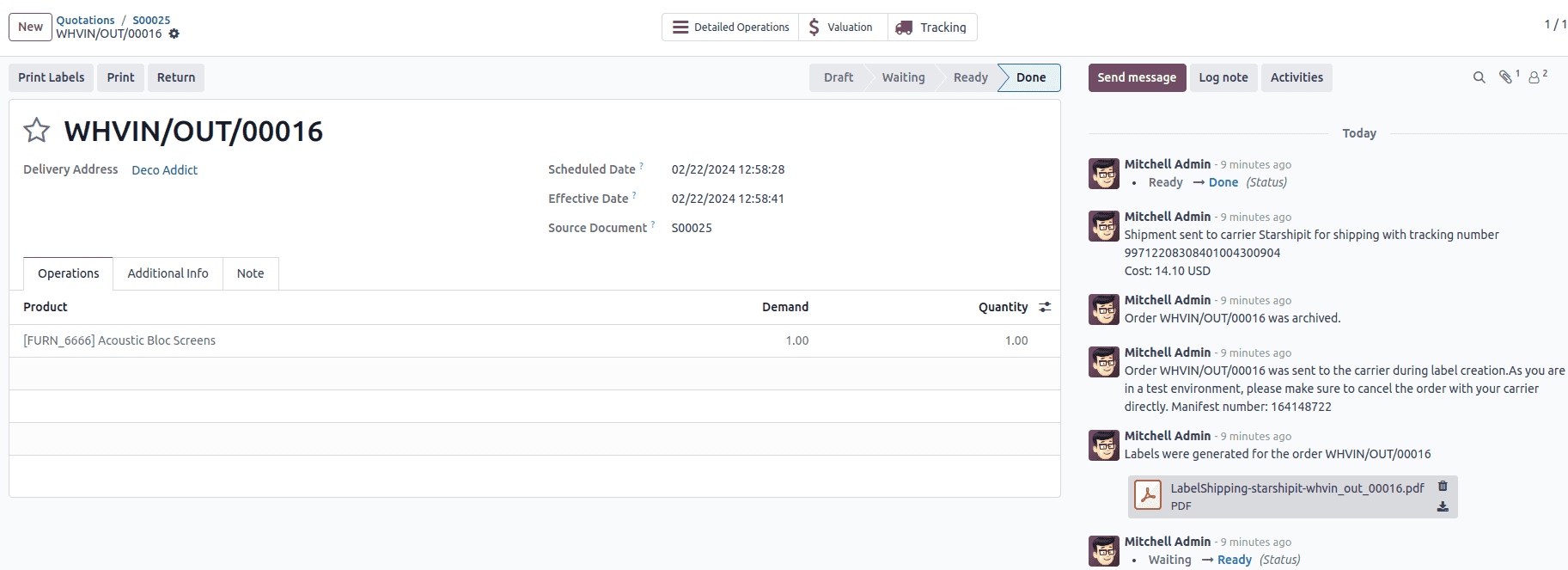 Example of a shipped order in ViableView.