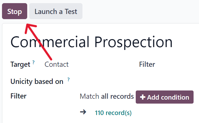 The stop button on a typical campaign detail form in ViableView Marketing Automation application.