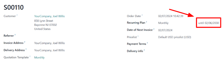 The expiration date on a subscription sales order in ViableView Subscriptions.