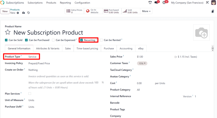 A basic subscription product form in ViableView Subscriptions application.