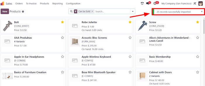 The pop-up window that appears after a successful product import process in ViableView Sales.