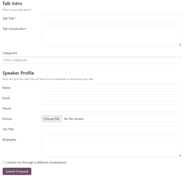 The Talk Proposals page on the event website built with the ViableView Events application.