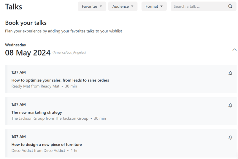 The Talks page on an event website built through the ViableView Events application.