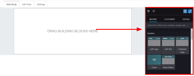 View of the building blocks in the Mail Body tab in ViableView Email Marketing application.