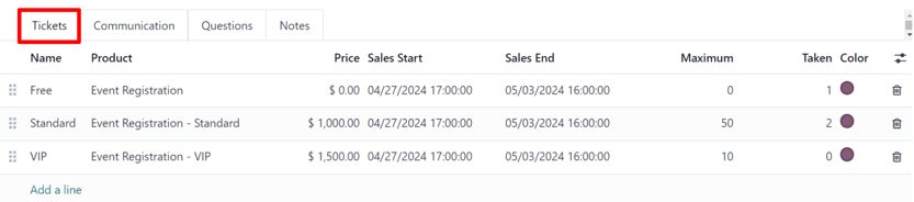 A typical tickets tab on an event form in the ViableView Events application.