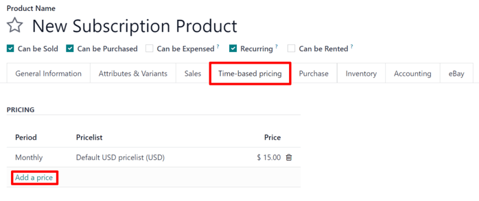 The time-based pricing tab on a subscription product form in ViableView Subscriptions.