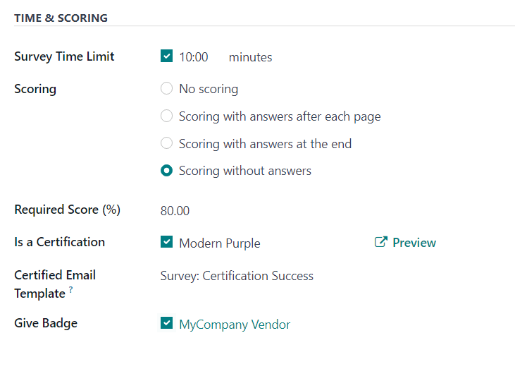 The Time and Scoring section of the Options tab on a survey form in ViableView Surveys.