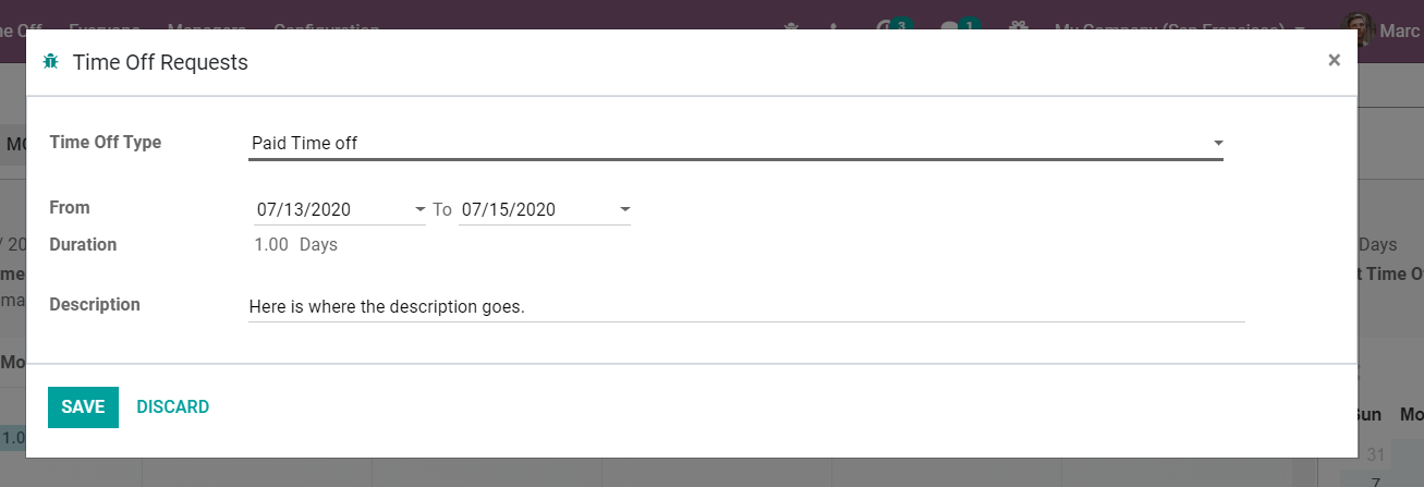 View of the time off request form in ViableView Time Off