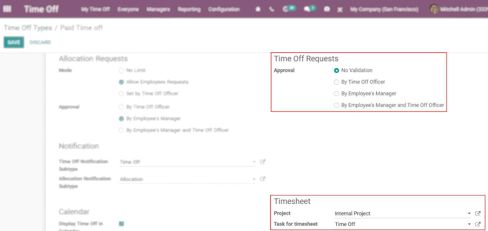 View of a time off types form emphasizing the time off requests and timesheets section in ViableView Time Off