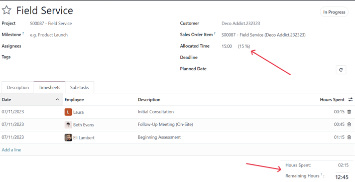 How the Timesheets tab appears on a task form in ViableView Sales and ViableView Project.