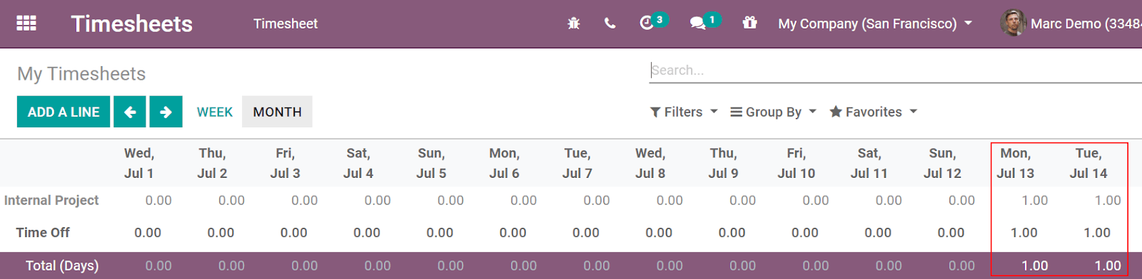 Video of timesheets emphasizing the requested time off from the employee in ViableView Timesheets