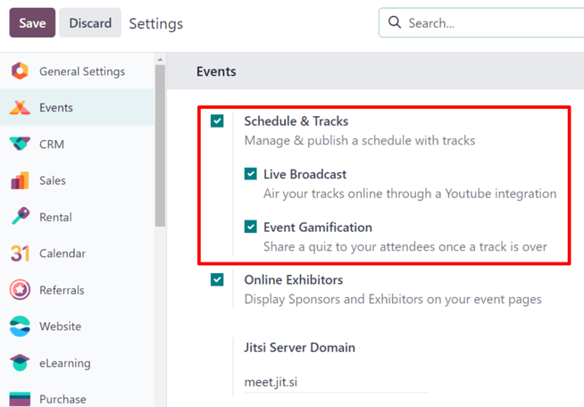 The Schedule and Tracks setting in the ViableView Events app, along with corresponding options.