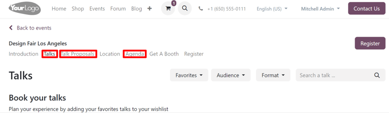 The track-related event submenu options on an event website built with ViableView Events.