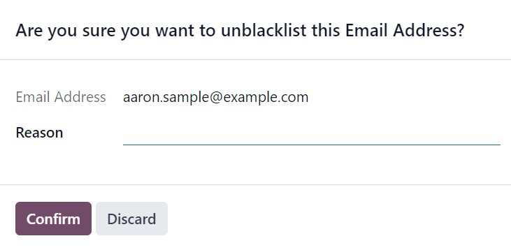 View of the unblacklist pop-up window in the ViableView Email Marketing application.