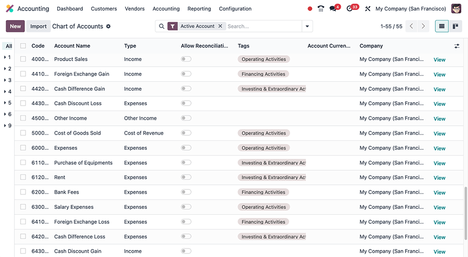 Examples of tagged accounts that are included in the Cash Flow Statement in ViableView.