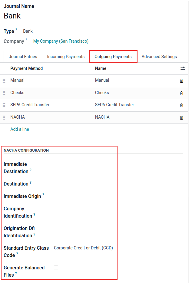 NACHA (National Automated Clearing House Association) configuration settings on ViableView.