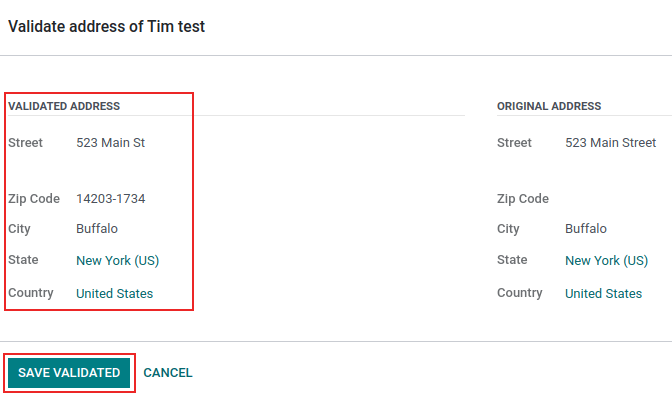 Validate address pop-up window in ViableView with "Save Validated" button and "Validated Address" highlighted.