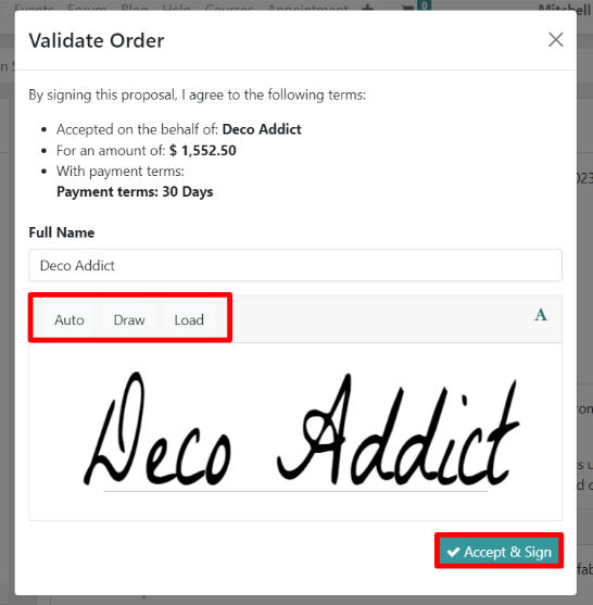 The Validate Order pop-up window for online signatures in ViableView Sales.