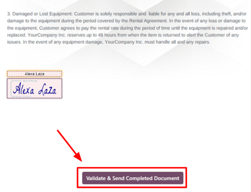 The validate and send completed document button in the ViableView Rental application.