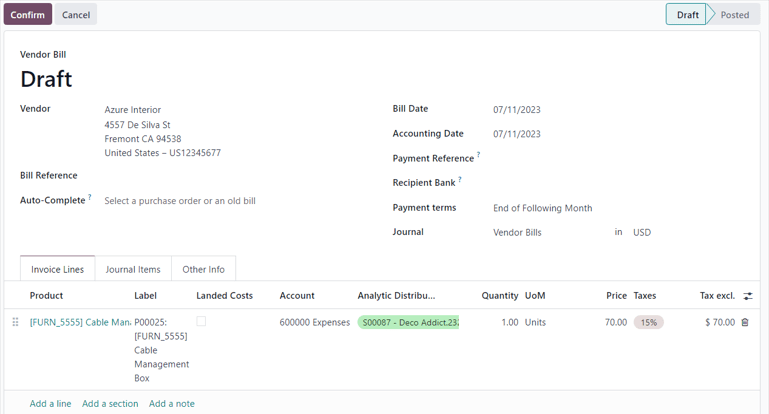 Vendor bill draft for a purchase order to be invoiced to a customer in ViableView.