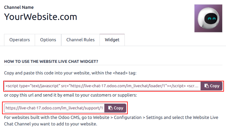 View of the widget tab for ViableView Live Chat.