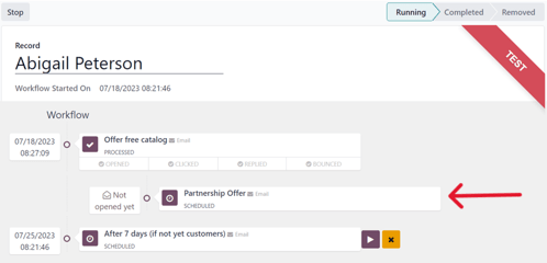 Workflow test progress in ViableView Marketing Automation.